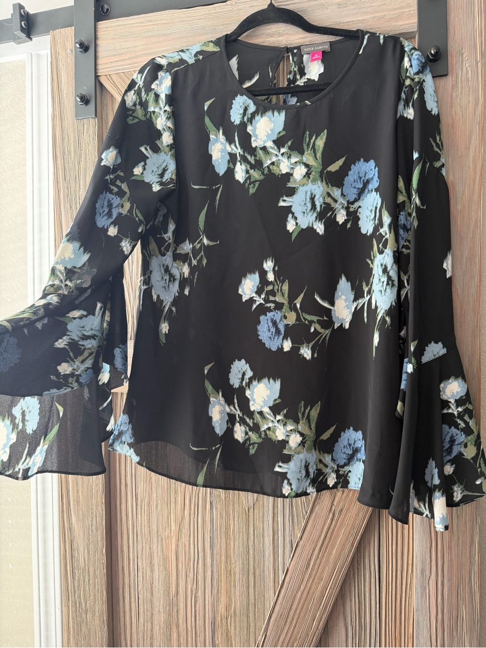 Vince Camuto Black Sheer Blouse with Light Blue Floral Print